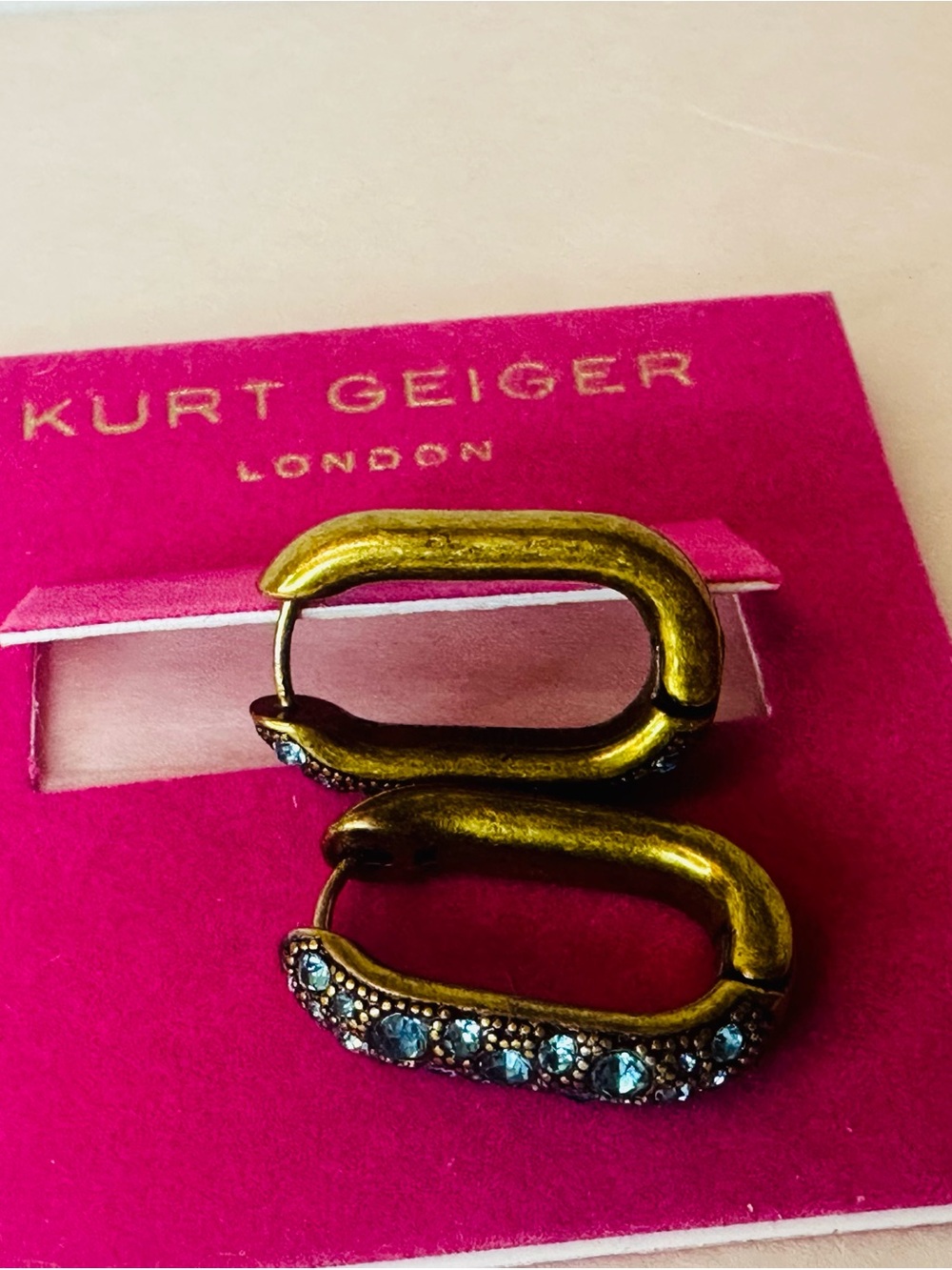 NWT Kurt Geiger Antique Gold Hoop Earrings with Turquoise Crystals - Picture 6 of 8